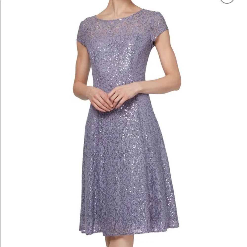 Ignite Evening Cap Sleeve Tea Length Sequin Dress